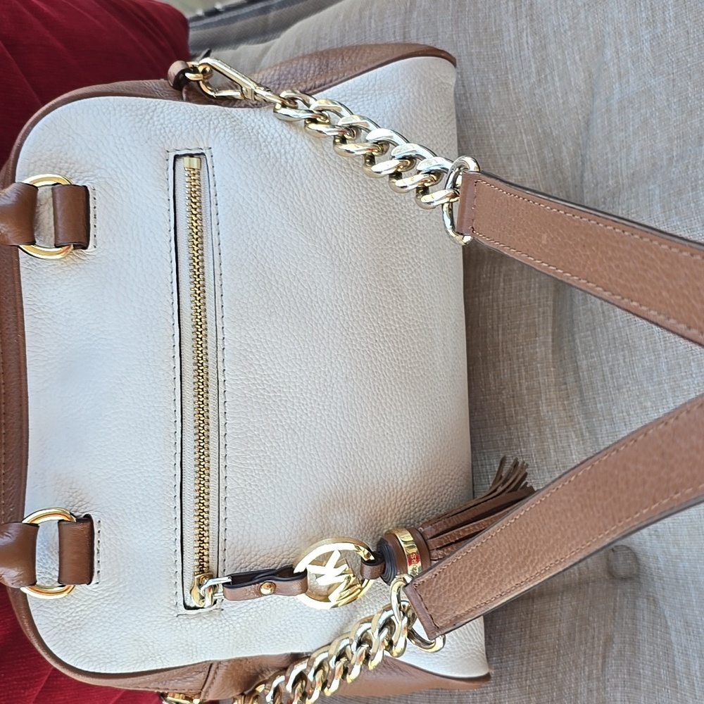 Michael Kors Knox Tassel Cream, Brown, & Gold Hardware & Crossbody Strap 11x9x5 - Picture 12 of 13